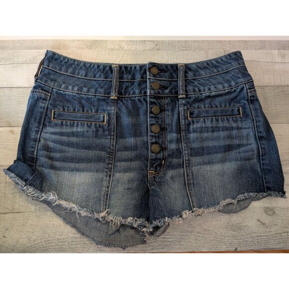 American Eagle Outfitters Womens High-Waisted Button-Fly Distressed Denim Shorts - Picture 1 of 5